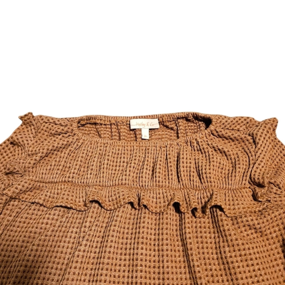Hailey & Co Wmns M Waffle Knit Blouse Tan Boho Peasant Ruffle Bishop Sleeve USA - Picture 4 of 12